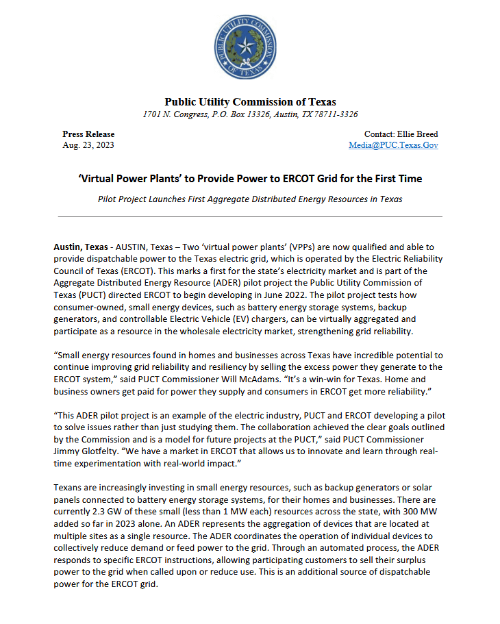 Public Utility Commission of Texas — Virtual Power Plants press release